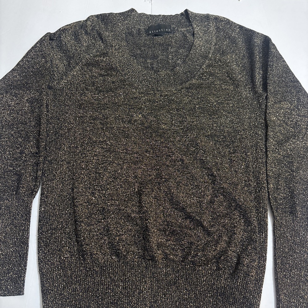 Attention Metallic Gold Black Knit Long Sleeve V‎ Neck Sweater Women's L
